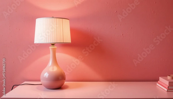 Fototapeta Stylish table lamp with pink base and pleated white shade illuminates soft pink wall, creating warm and inviting atmosphere in modern interior space