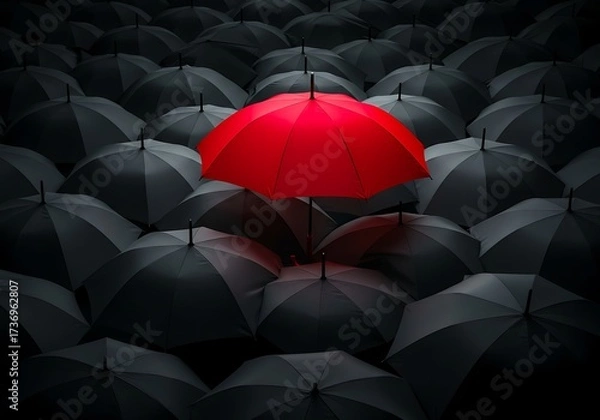 Fototapeta Striking image of a solitary red umbrella standing out among a crowd of black umbrellas