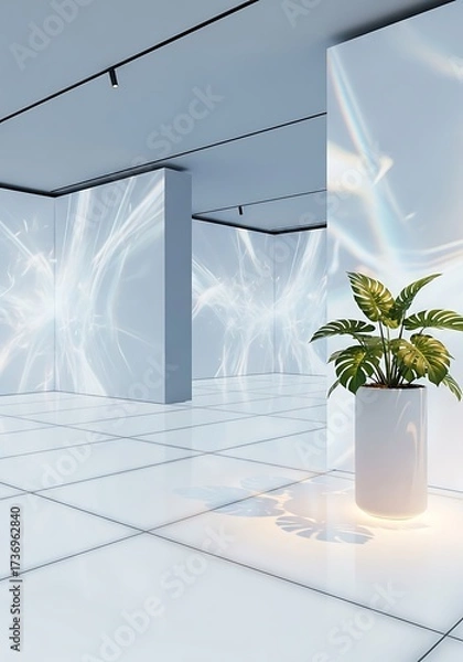 Fototapeta Minimalist interior with plant display and abstract light patterns in spacious gallery