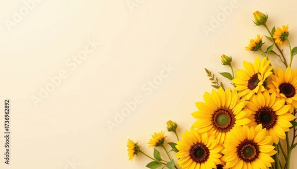 Fototapeta Bright and cheerful sunflower bouquet arranged beautifully on soft background, radiating warmth and positivity, perfect for celebrations or as decorative piece