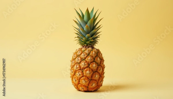 Fototapeta Vibrant pineapple stands against soft yellow background, showcasing its textured skin and lush green crown. This tropical fruit symbolizes freshness and vitality, perfect for culinary uses