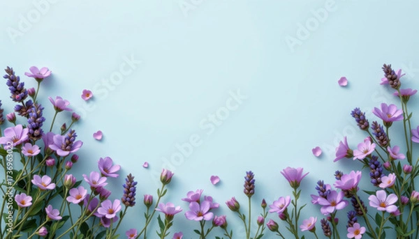 Fototapeta Beautiful arrangement of purple flowers and lavender sprigs soft blue background, creating serene and calming atmosphere. delicate petals and vibrant colors evoke feelings of tranquility and joy