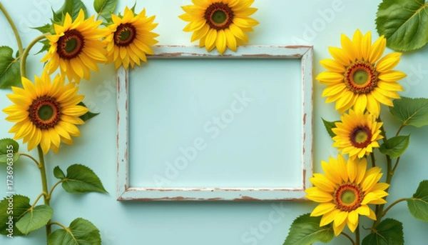 Fototapeta Bright sunflowers surround rustic frame on soft blue background, creating cheerful and inviting atmosphere perfect for showcasing memories or messages