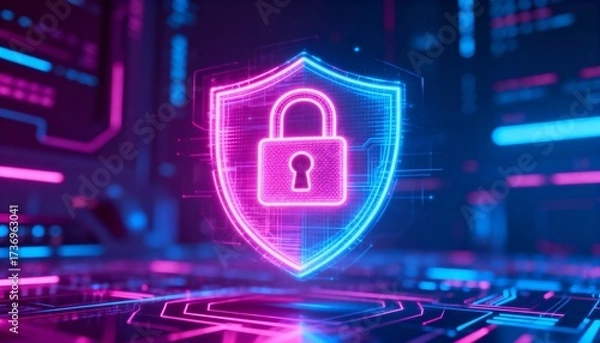 Fototapeta Cyber defense hologram, glowing padlock shield icon, futuristic data protection, neon digital design
