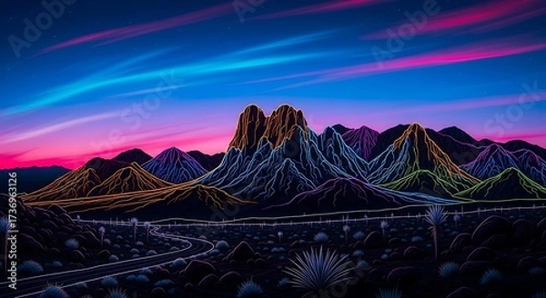Fototapeta Neon Desert Dreamscape: A Vibrant Mountain Range Under a Colorful Twilight Sky