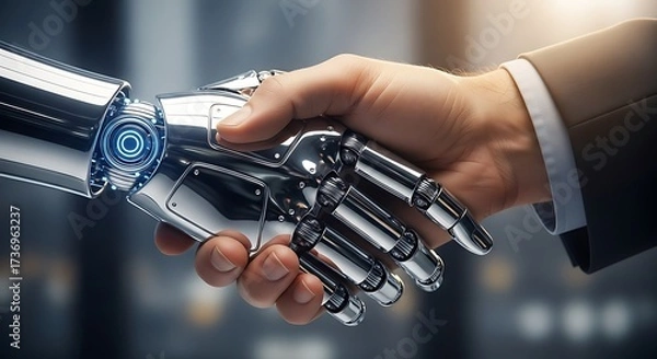 Fototapeta A chromatic robot hand shakes a human hand in a business setting, symbolizing AI partnership, future collaboration, and the integration of technology and humanity.
