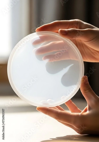 Fototapeta Person holding transparent round lid in soft, natural light setting