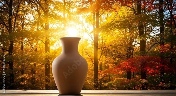 Fototapeta Rustic Vase Amidst Autumnal Splendor Bathed in Golden Sunlight Cascade