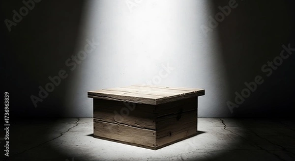 Fototapeta Rustic Wooden Box Under Dramatic Spotlight on Concrete Surface Scene