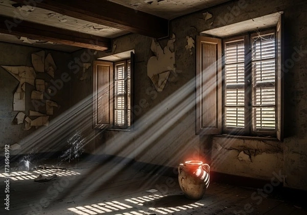 Fototapeta Sunlight streams into an aged room highlighting an urn and the dilapidated textures of the walls and wooden shutters