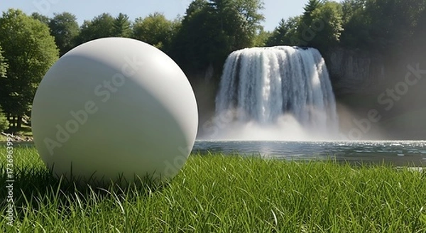 Fototapeta Surreal juxtaposition of a pristine sphere against a magnificent waterfall vista amidst verdant fields