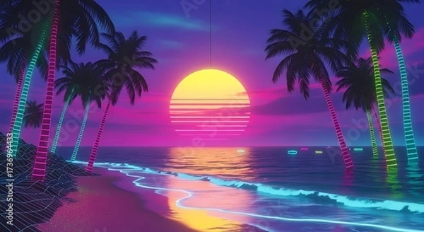 Fototapeta Vibrant retro wave sunset over a tropical beach with neon palm trees creates a nostalgic atmosphere