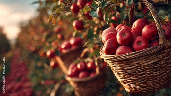 Fototapeta Fresh Apples in Autumn Orchard | Apple Harvest in Fruit Garden | Ripe Red Apples in Basket
