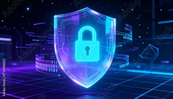 Fototapeta Digital shield glowing in cyber space, lock symbol in center, abstract secure data technology