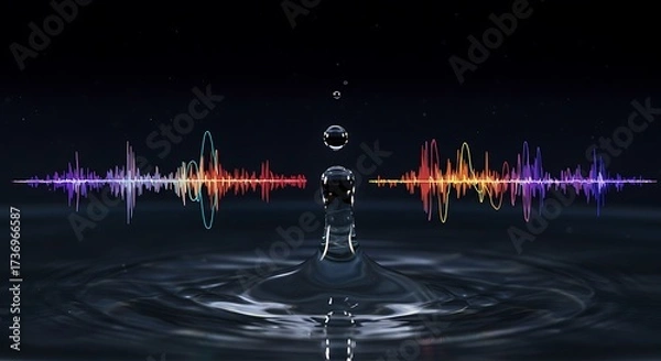 Fototapeta Water Drop Collision with Sound Wave Visualization on Black Background Art