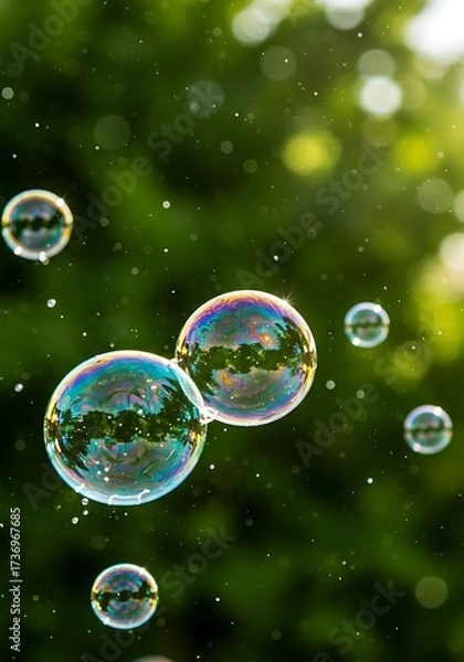 Fototapeta Floating iridescent bubbles capture the magic of a carefree summer moment in nature