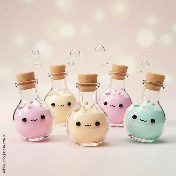 Fototapeta Whimsical pastel potions with cute faces and cork stoppers on a soft background