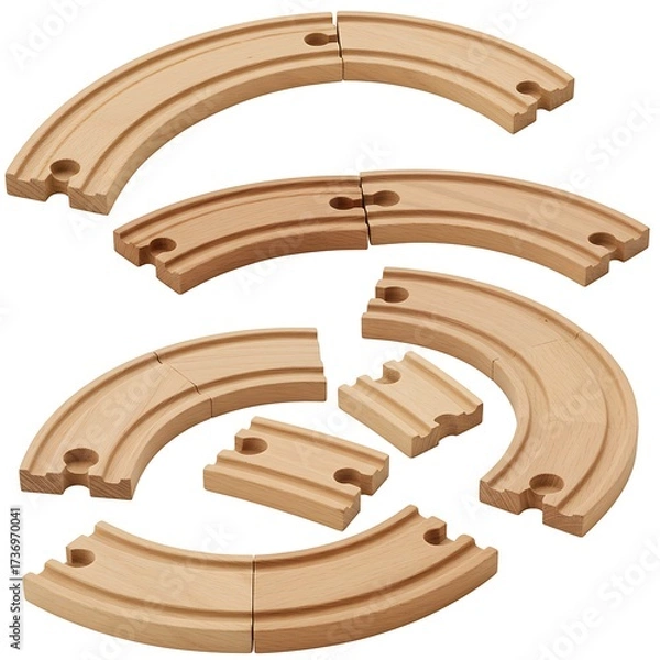 Fototapeta Wooden railway track segments for creative toy train layouts on white backdrop