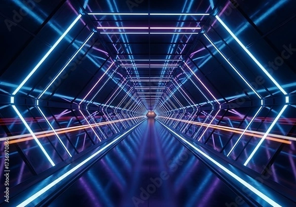 Fototapeta Futuristic corridor with neon lights leading into an unknown distant point representing technological advancements and