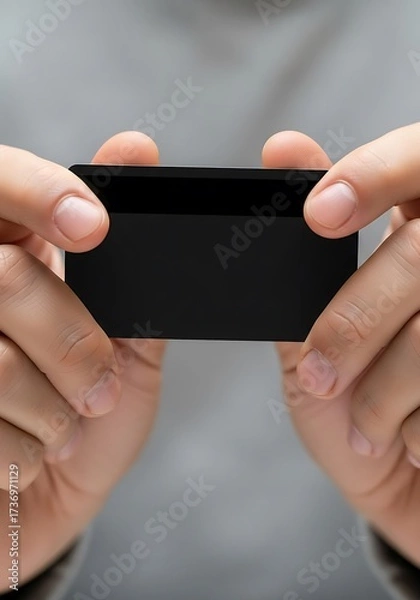 Fototapeta Hands presenting a sleek black card for cashless transactions concept