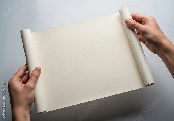 Fototapeta Hands unveiling a blank scroll providing versatile creative space for content display and design opportunities