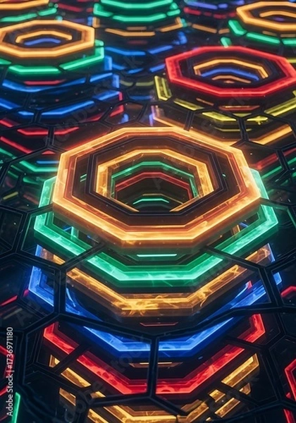 Fototapeta Hexagonal array glowing with futuristic vitality, abstract digital composition displaying vivid multi-layered formations
