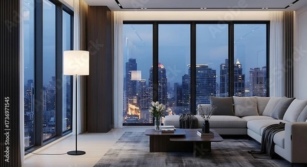 Fototapeta Modern living room with expansive city views bathed in the soft glow of evening light displaying sophisticated urban