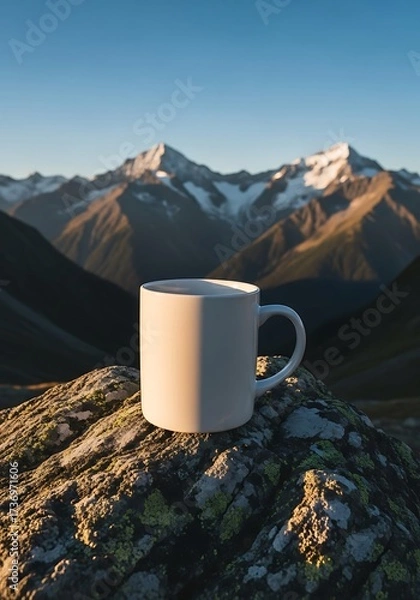 Fototapeta Morning serenity: Coffee mug atop mountain peak with snow-capped peaks, early sunlight and a clear sky backdrop