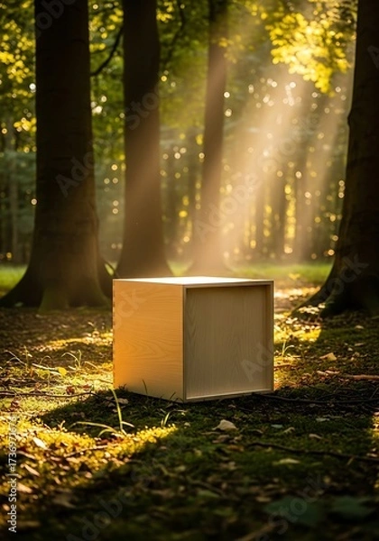 Fototapeta Mystical box in sunlit woods, intriguing mystery unfolds under golden forest light