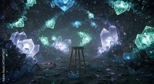 Fototapeta Mystical crystal cave illuminated with soft glow and wooden stool