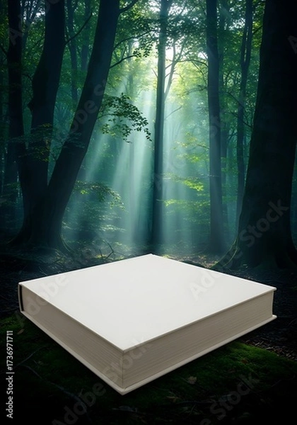 Fototapeta Mystical forest glade with ethereal light beams and a blank white book-like pedestal for display or presentations