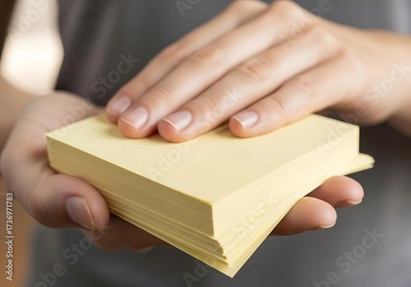 Fototapeta Person holding pale yellow sticky notes offering it to the viewer