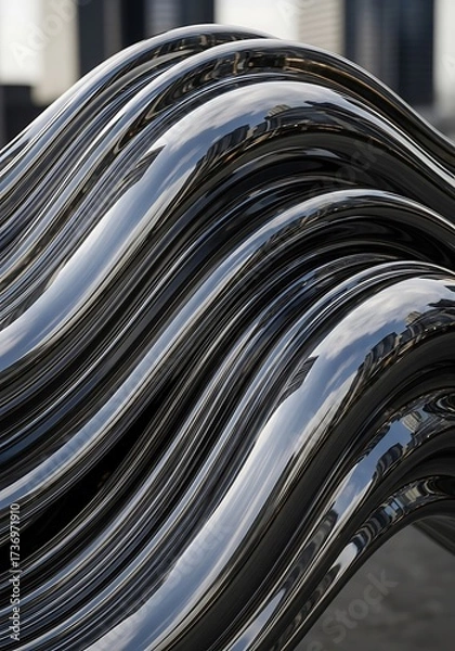 Fototapeta Reflective metal sculpture with flowing lines creating dynamic visual harmony and rhythmic movement urban backdrop