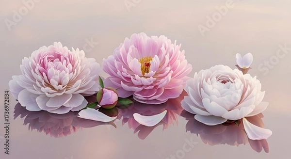 Fototapeta Serene arrangement of blush pink peonies with delicate petals and soft reflections creating a peaceful floral ambiance