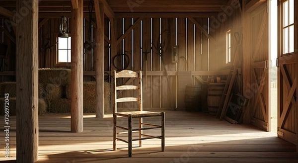 Fototapeta Rustic wooden barn interior, featuring an old wooden chair bathed in soft sunlight streaming through weathered walls