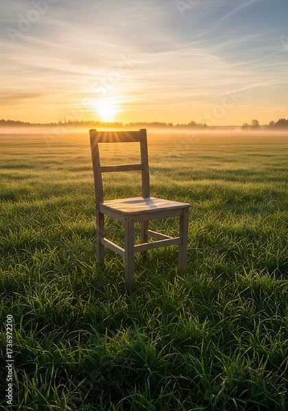 Fototapeta Solitary chair basking in golden morning light on expansive grassy field creating a tranquil scene