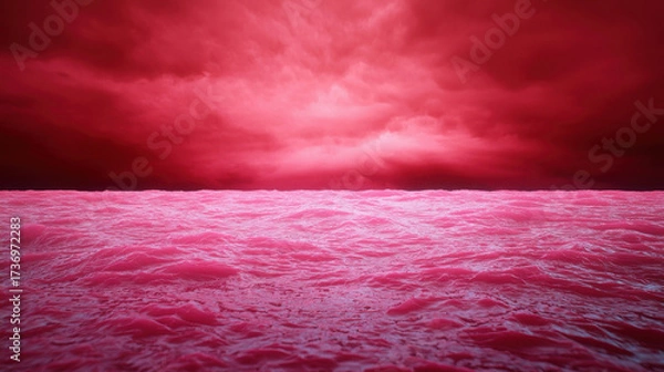 Fototapeta Serene Landscape of Pink Water under Dramatic Red Sky at Dusk with Layered Clouds and Reflective Waves Creating a Surreal Atmosphere