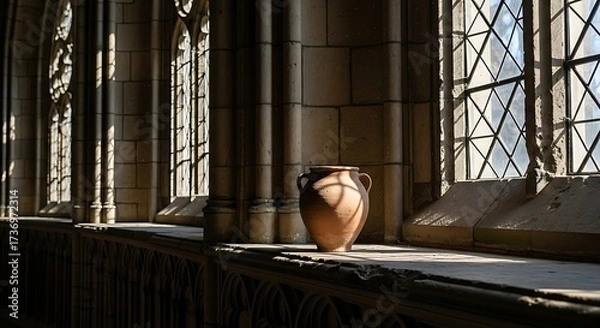 Fototapeta Sunlit terracotta vessel sitting on a stone windowsill inside a historical building showcasing architectural design