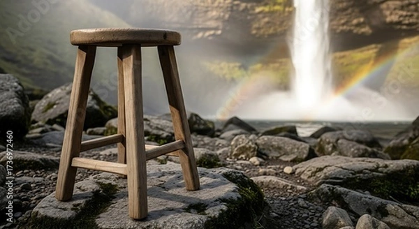 Fototapeta Wooden stool on rugged rocks with cascading waterfall and rainbow backdrop scenery calm peaceful zen balanced
