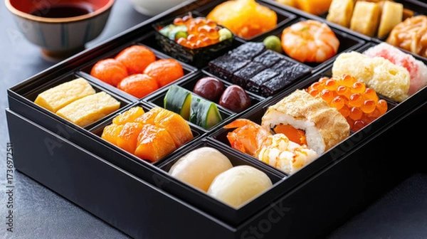 Fototapeta Colorful assortment of sushi and desserts arranged in a traditional Japanese bento box with vibrant ingredients on a dark textured surface