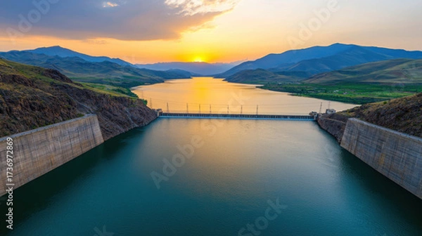 Fototapeta Scenic View of a Reservoir at Sunset with Mountains, Calm Waters and Vibrant Sky in the Background, Capturing Nature's Tranquility and Beauty