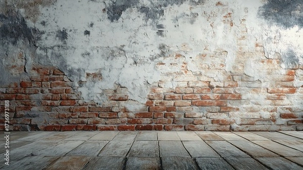Fototapeta Distressed Brick Wall with Weathered Plaster Texture, Grunge Surface and Rustic Pavement Floor