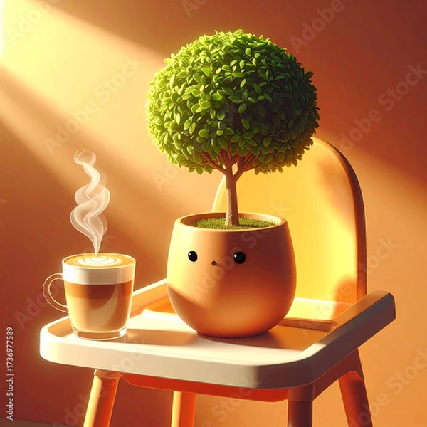 Fototapeta Whimsical Coffee and Plant Delight: A charming animated scene unfolds, featuring a steaming coffee cup and a playful, potted plant, basking in the soft glow of gentle morning light.
