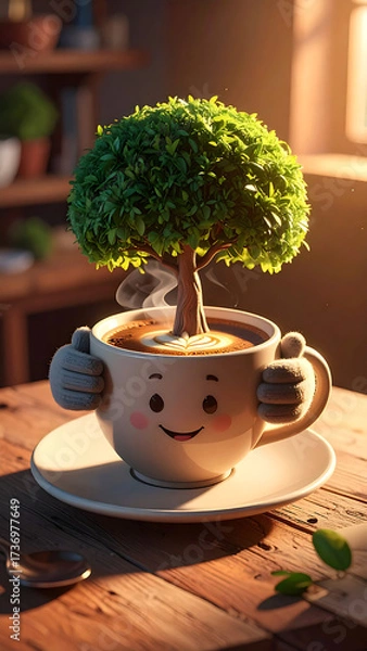 Fototapeta Coffee Cup Bonsai: A whimsical and vibrant illustration showcases a charming bonsai tree nestled within a smiling coffee cup, exuding warmth and a sense of serene tranquility.