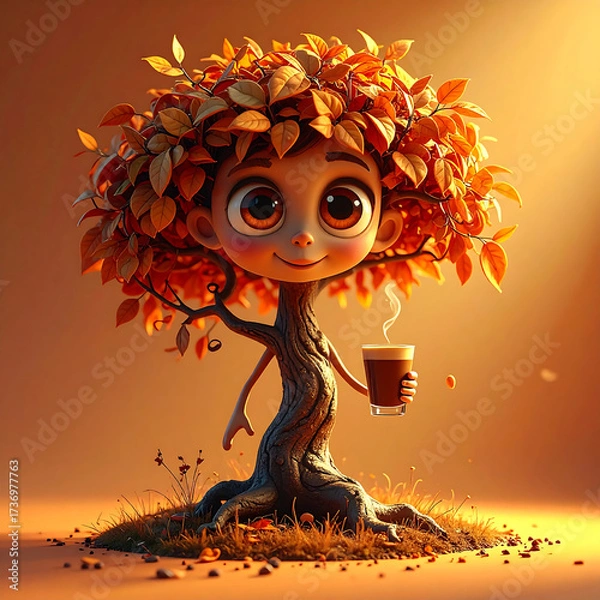 Fototapeta Autumn Tree of Joy: A whimsical illustration depicts a charming anthropomorphic tree figure, adorned with vibrant autumn foliage, holding a steaming cup of coffee, exuding warmth and joy.