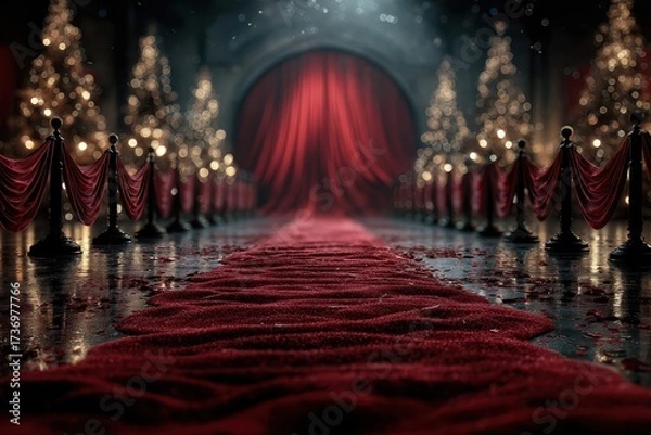 Fototapeta Glamorous red carpet leading to a grand curtain adorned with festive trees during an evening gala event