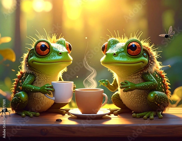 Fototapeta Frogs Enjoying Coffee Together: Two whimsical frogs share a warm, delightful moment, sitting together and savoring a fresh cup of coffee amidst a beautiful, blurred outdoor scene.