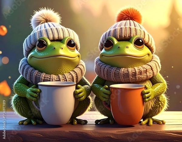 Fototapeta Cozy Frog Companions: Adorable frog characters, adorned with warm winter hats and scarves, share a moment of friendship while enjoying a hot beverage, celebrating the joy of companionship.