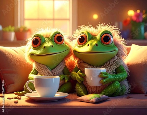 Fototapeta Cozy Frog Couple's Coffee Break: Two charming frog friends enjoying a relaxing coffee break, showcasing a heartwarming scene of friendship and comfort in a warm, inviting setting.