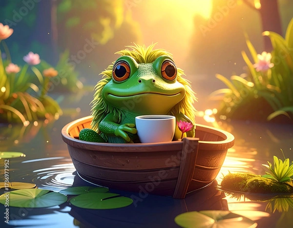 Fototapeta Frog's Leisurely Floatation: A charming frog enjoys a tranquil boat ride on a serene pond, sipping from a delicate cup amidst the soft morning glow, creating a scene of whimsical serenity.